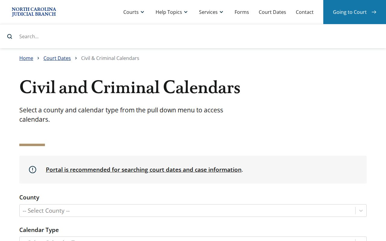 Orange County court calendar North Carolina civil and criminal calendar interface